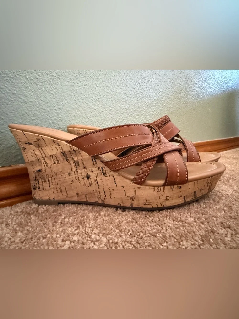 Women's Brown Wedge Sandals - Comfort Cross-Strap Slide